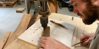 Person using a drill press on a wooden board in a workshop setting