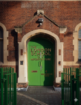 Green door with 'The London School of Architecture' text on a brick building